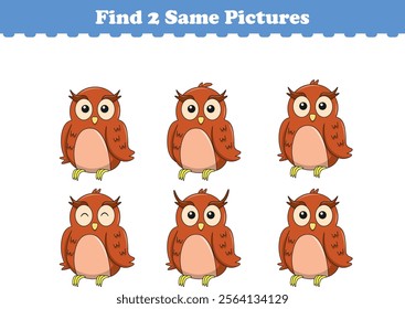 Funny cartoon owl. Find two same pictures. Educational game for children. Cartoon vector illustration