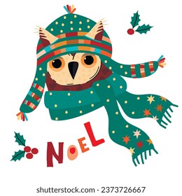 Funny cartoon owl head in warm hat and scarf and lettering.Winter holidays card with cute character and hand written word.Noel Poster with wild animal and holly.Vector print on fabric and paper.