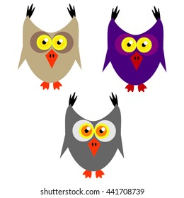 Funny cartoon owl set isolated on white background. Web line image for label and poster. Flat designe. Coloring pictures.