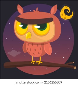Funny cartoon owl sitting on the tree branch on night sky background with a moon and stars. Vector isolated