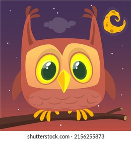 Funny cartoon owl sitting on the tree branch on night sky background with a moon and stars. Vector isolated