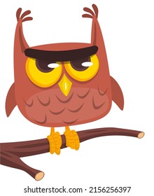 Funny cartoon owl sitting on the tree branch. Vector isolated on white background