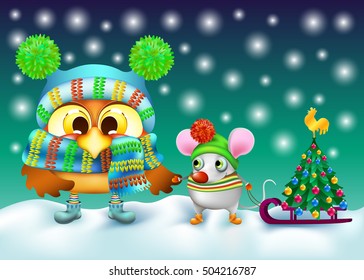 funny cartoon owl and small mouse in winter clothes with a sled and Christmas tree