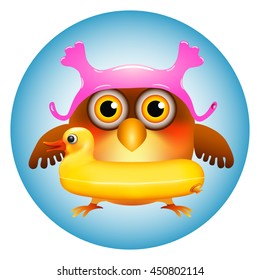 funny cartoon owl swimmer with a rubber cap and a rubber ring  in summer time