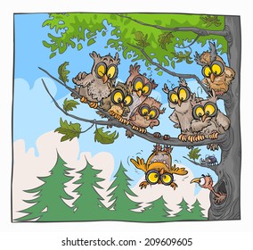 Funny Cartoon Owls on a tree. All in separate layers.