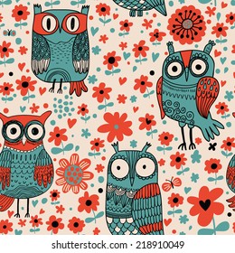 Funny cartoon owls. Seamless pattern can be used for wallpapers, pattern fills, web page backgrounds, surface textures. Cute vector wallpaper