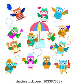 Funny cartoon owls set with fruit, ice cream, cake, ball.  Cute owls character with speech bubble. 