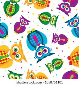 Funny cartoon owls set seamless pattern. Vector illustration.