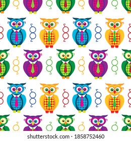 Funny cartoon owls set seamless pattern. Vector illustration.