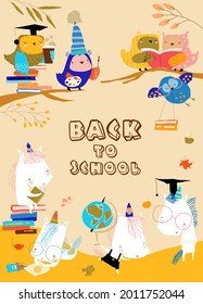 Funny Cartoon Owls with Unicorns preparing Back to School