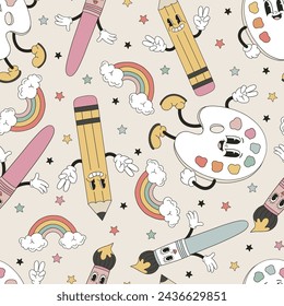 Funny cartoon paint brush colour palette pencil for drawing class vector seamless pattern. Groovy hand drawn back to school education background.