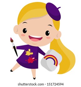 Funny cartoon painter is drawing a rainbow