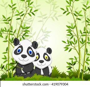 funny cartoon panda with bamboo forest background