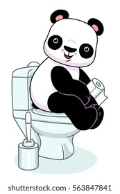 Funny cartoon panda sitting on a toilet and holds toilet paper. 