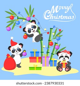 Funny cartoon pandas decorate a Christmas tree-bamboo. Merry Christmas and Happy New Year greeting cards, posters, holiday covers.