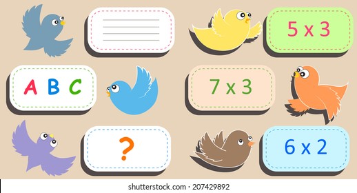 Funny cartoon paper birds with rectangular plates for text