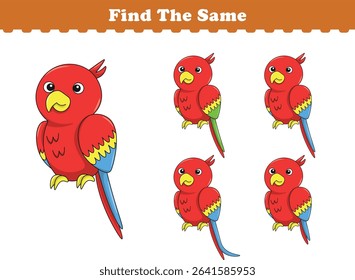 Funny cartoon parrot. Find same pictures. Educational game for children. Cartoon vector illustration