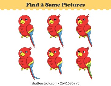 Funny cartoon parrot. Find two same pictures. Educational game for children. Cartoon vector illustration