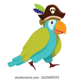 Engraçado papagaio de desenho animado usando chapéu pirata com crânio e ossos cruzados, andando e sorrindo