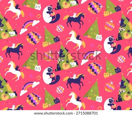 Funny cartoon pattern with cats, unicorns anf Christmas tree party celebration. Pink color background