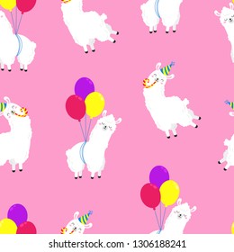 Funny cartoon pattern with cute llamas. Vector Doodle Illustration. Seamless wallpaper, background. Template for design, print, cards, textiles, wrappers 
