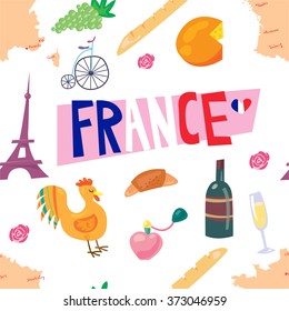 Funny cartoon pattern with French culture symbols: croissants, wine, perfume, cock, Eiffel tower and others. Great for language school or touristic agency.