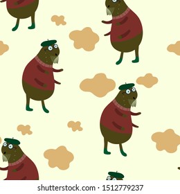 Funny cartoon pattern with grandpa-monster and clouds. Old grandfather Character. For textiles, wallpapers, designer paper, etc