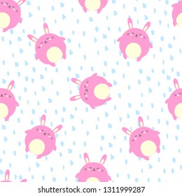 Funny cartoon pattern with hare. Happy Easter. Template for design, print. Vector background in doodle style. Cute rabbit seamless wallpaper