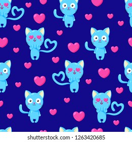 Funny cartoon pattern with kittens. Vector Doodle Illustration. Seamless wallpaper, background. Template for design, print, cards, textiles, wrappers