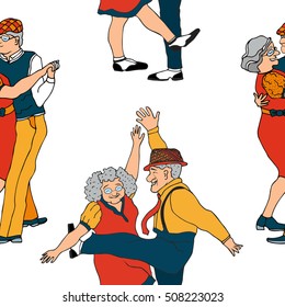 Funny cartoon pattern senior couple dancing,vector hand drawn illustration.color. poster old people. poster senior. party