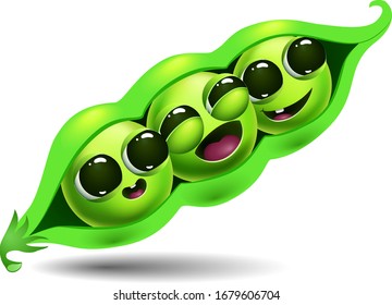 funny cartoon pea pod on white background. cute little three peas with big eyes. vector illustration.