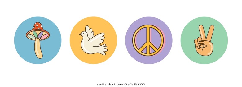 Funny cartoon peace, dove of peace, mushrooml icons. Isolated  cartoon vector illustration. Sticker pack in trendy retro psychedelic style. Groovy hippie 70s set. 