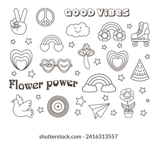 Graciosa caricatura de paz, amor, flor, arcoiris, corazón, margarita, setas, paloma, etc. Iconos vectoriales aislados. Paquete de pegatinas en el moderno estilo de dibujos animados psicodélicos retro.  Groovy hippie 70. 