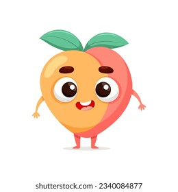 Funny cartoon peach. Kawaii fruit character. Vector food illustration isolated on white background.