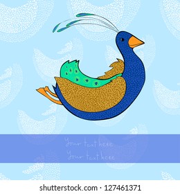 A funny cartoon peacock flying. Invitation/greeting card template.
