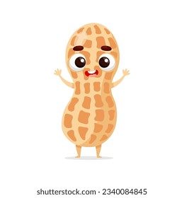 Funny cartoon peanut. Kawaii nut character. Vector food illustration isolated on white background.