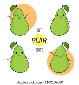 Funny cartoon pear character with different emotions on the face. Comic emoticon stickers set. Vector icons, isolated on white. Healthy food