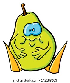 Funny cartoon pear on the white background
