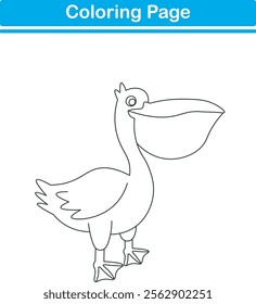 Funny cartoon pelican. Coloring pages. Vector illustration