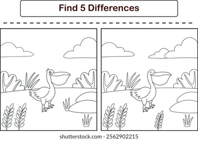 Funny cartoon pelican. Find 5 differences. Kids Education games. Cartoon vector illustration