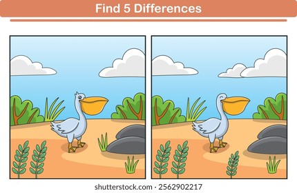 Funny cartoon pelican. Find 5 differences. Kids Education games. Cartoon vector illustration