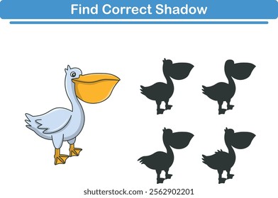 Funny cartoon pelican. find the correct shadow. Kids Education games. Cartoon vector illustration