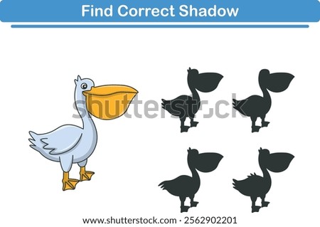 Funny cartoon pelican. find the correct shadow. Kids Education games. Cartoon vector illustration