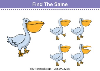 Funny cartoon pelican. Find same pictures. Educational game for children. Cartoon vector illustration