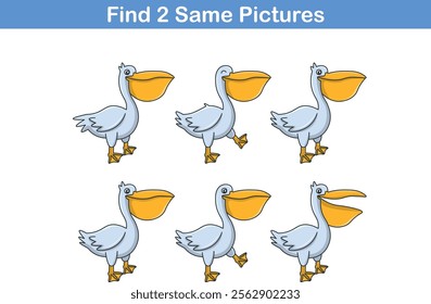 Funny cartoon pelican. Find two same pictures. Educational game for children. Cartoon vector illustration