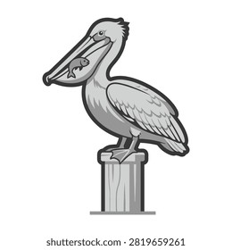 Funny cartoon pelican standing on a wooden post with a fish in its beak. Humorous bird illustration suitable for children's books.