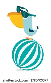 Funny cartoon pelican in sunglasses on an big ball