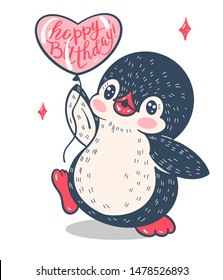 Funny cartoon penguin  with a balloon, isolated on white background.  Vector  illustration.