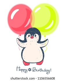 Funny cartoon penguin with balloons. Hand-drawn illustration. Vector.