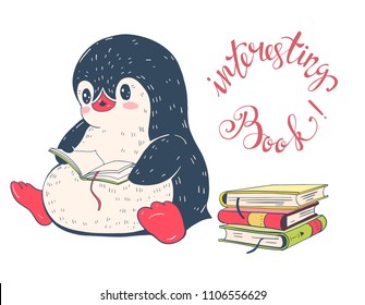 Funny cartoon penguin with books.  Hand-drawn illustration. Vector.